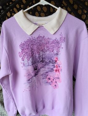 🌸 Vintage Cherry Blossom Collared Sweatshirt - Light Purple